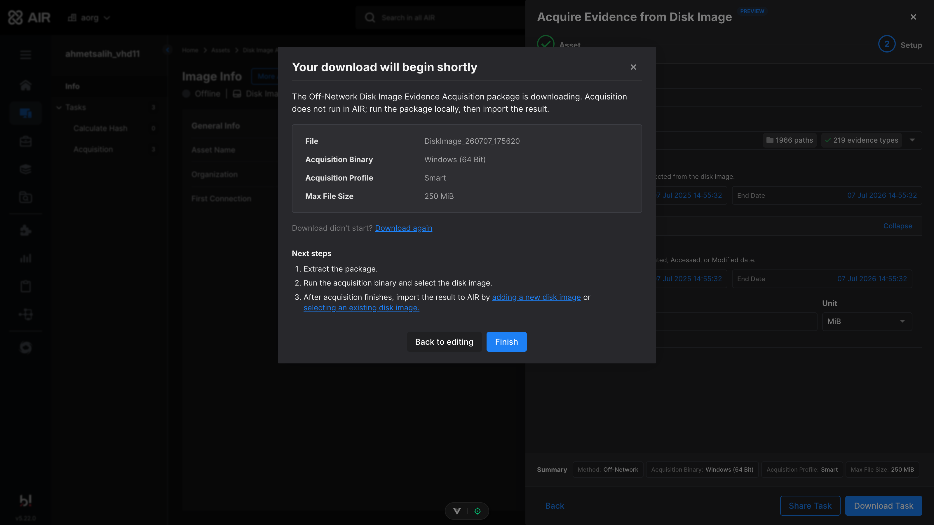 Download confirmation with next steps: extract the package, run the binary, import the result
